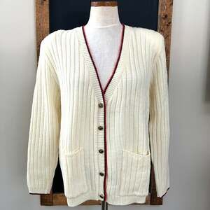 Vintage 80s Jantzen Cream Ribbed Cardigan XL Preppy Academmia Gold Buttons Fall